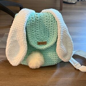 Handmade crochet teal rabbit backpack